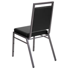 Load image into Gallery viewer, Square Back Stacking Banquet Chair in Black Vinyl with Silvervein Frame
