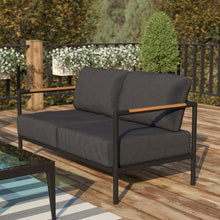 Load image into Gallery viewer, Patio Loveseat with Cushions  with Teak Accent Arms, Black-Charcoal Cushions
