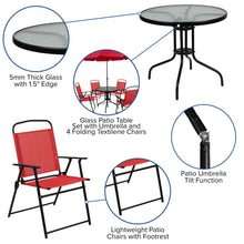 Load image into Gallery viewer, 6 Piece Red Patio Garden Set with Umbrella Table and Set of 4 Folding Chairs
