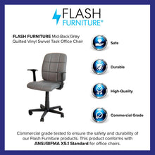 Load image into Gallery viewer, Mid-Back Gray Quilted Vinyl Swivel Task Office Chair with Arms

