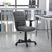 Load image into Gallery viewer, Mid-Back Gray Quilted Vinyl Swivel Task Office Chair with Arms
