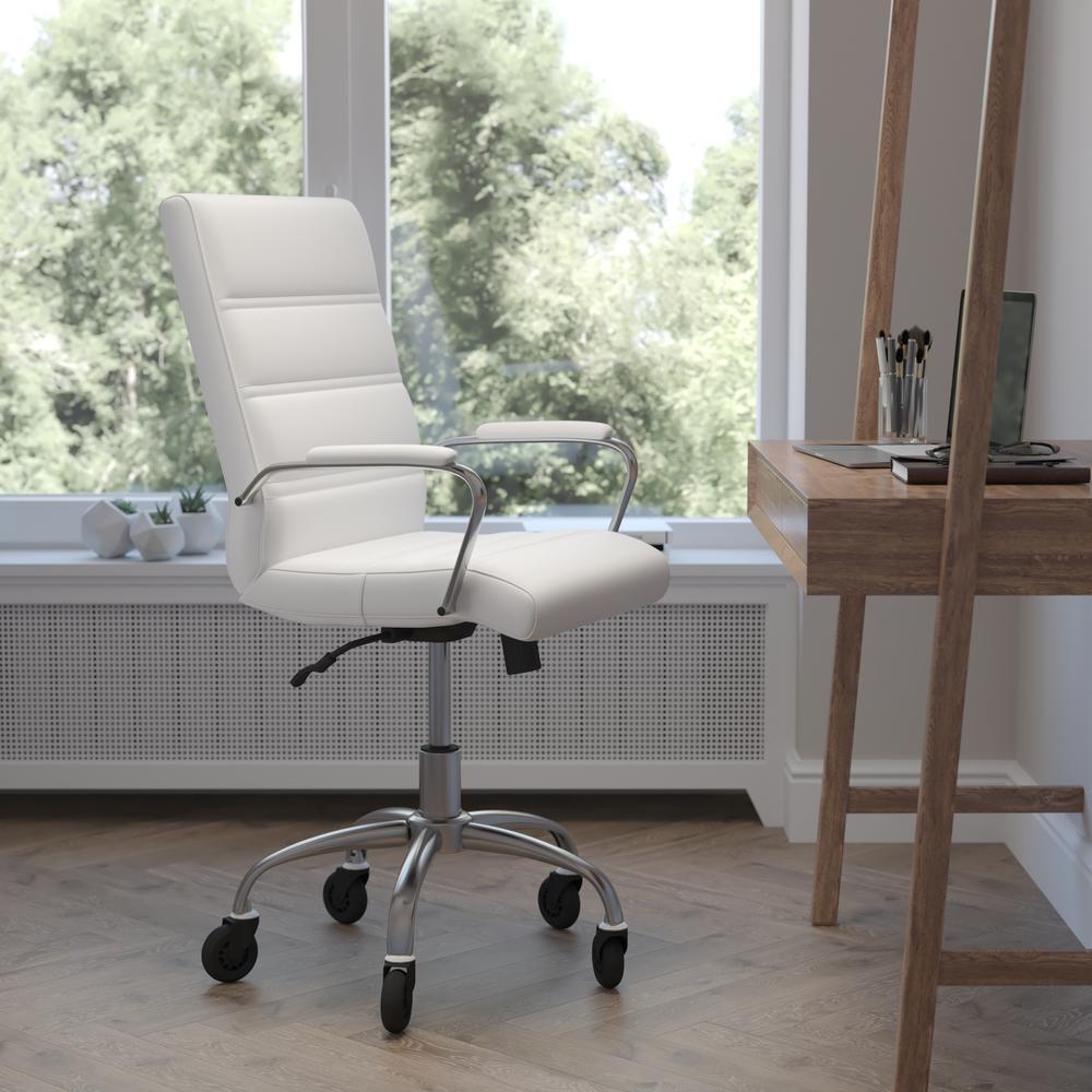 Mid-Back White Executive Swivel Office Chair with Chrome Frame, Arms,