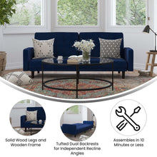 Load image into Gallery viewer, Sofa Futon in Navy Velvet Upholstery with Solid Wooden Legs
