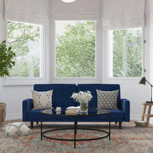 Load image into Gallery viewer, Sofa Futon in Navy Velvet Upholstery with Solid Wooden Legs
