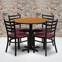 Load image into Gallery viewer, 36'' Natural Table Set with X-Base and 4 Metal Chairs - Burgundy Vinyl Seat
