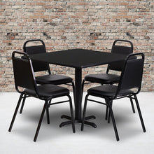 Load image into Gallery viewer, 36'' Black Table Set with X-Base and 4 Black Trapezoidal Back Banquet Chairs
