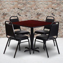 Load image into Gallery viewer, 36'' Mahogany Table Set with X-Base and 4 Black Trapezoidal Back Banquet Chairs

