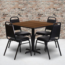 Load image into Gallery viewer, 36'' Walnut Table Set with X-Base and 4 Black Trapezoidal Back Banquet Chairs
