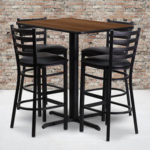 Load image into Gallery viewer, 24''W x 42''L Walnut Table Set with 4 Metal Barstools - Black Vinyl Seat
