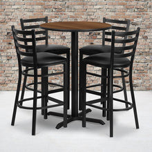 Load image into Gallery viewer, 30'' Walnut Table Set with X-Base and 4 Metal Barstools - Black Vinyl Seat
