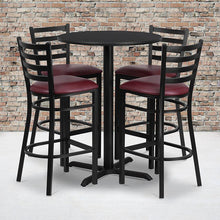Load image into Gallery viewer, 30'' Black Table Set with X-Base and 4 Metal Barstools - Burgundy Vinyl Seat
