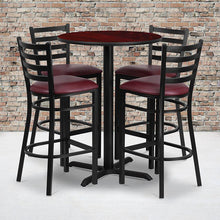 Load image into Gallery viewer, 30'' Mahogany Table Set with X-Base and 4 Metal Barstools - Burgundy Vinyl Seat
