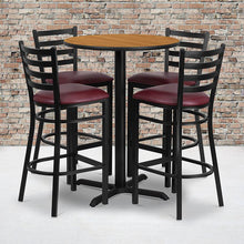 Load image into Gallery viewer, 30'' Natural Table Set with X-Base and 4 Metal Barstools - Burgundy Vinyl Seat
