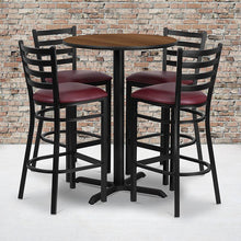 Load image into Gallery viewer, 30'' Walnut Table Set with X-Base and 4 Metal Barstools - Burgundy Vinyl Seat
