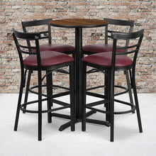 Load image into Gallery viewer, 24'' Walnut Table Set with X-4 Two-Slat Metal Barstools - Burgundy Vinyl Seat
