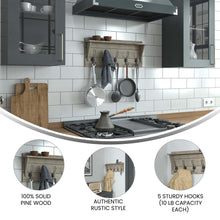Load image into Gallery viewer, Wall Mounted 24 in Whitewashed Solid Pine Wood Storage Rack with 5 Hooks
