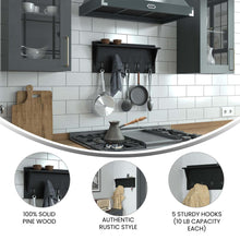 Load image into Gallery viewer, Wall Mounted 24 in Black Solid Pine Wood Storage Rack with 5 Hooks

