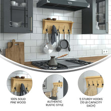 Load image into Gallery viewer, Wall Mounted 24 in Brown Solid Pine Wood Storage Rack with 5 Hooks
