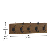 Load image into Gallery viewer, Wall Mounted 24 in Classic Brown Solid Pine Wood Storage Rack with 5 Hooks
