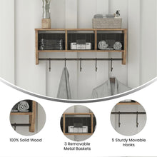 Load image into Gallery viewer, Wall Mounted 24 in Solid Pine Wood Storage Rack with Upper Shelf in Brown
