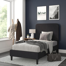 Load image into Gallery viewer, Charcoal Twin Fabric Upholstered Platform Bed - Headboard with Rounded Edges
