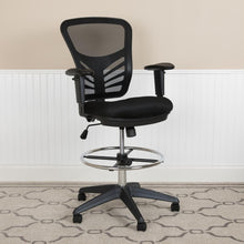 Load image into Gallery viewer, Mid-Back Black Mesh Drafting Chair with Chrome Foot Ring, Arms and Black Frame
