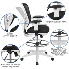 Load image into Gallery viewer, Mid-Back Black Mesh Drafting Chair with Chrome Foot Ring, Arms and White Frame
