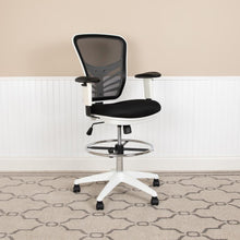 Load image into Gallery viewer, Mid-Back Black Mesh Drafting Chair with Chrome Foot Ring, Arms and White Frame
