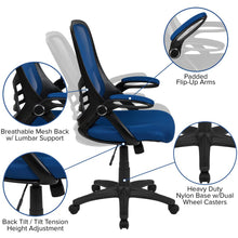 Load image into Gallery viewer, High Back Blue Mesh Swivel Office Chair with Black Frame and Flip-up Arms
