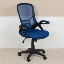Load image into Gallery viewer, High Back Blue Mesh Swivel Office Chair with Black Frame and Flip-up Arms
