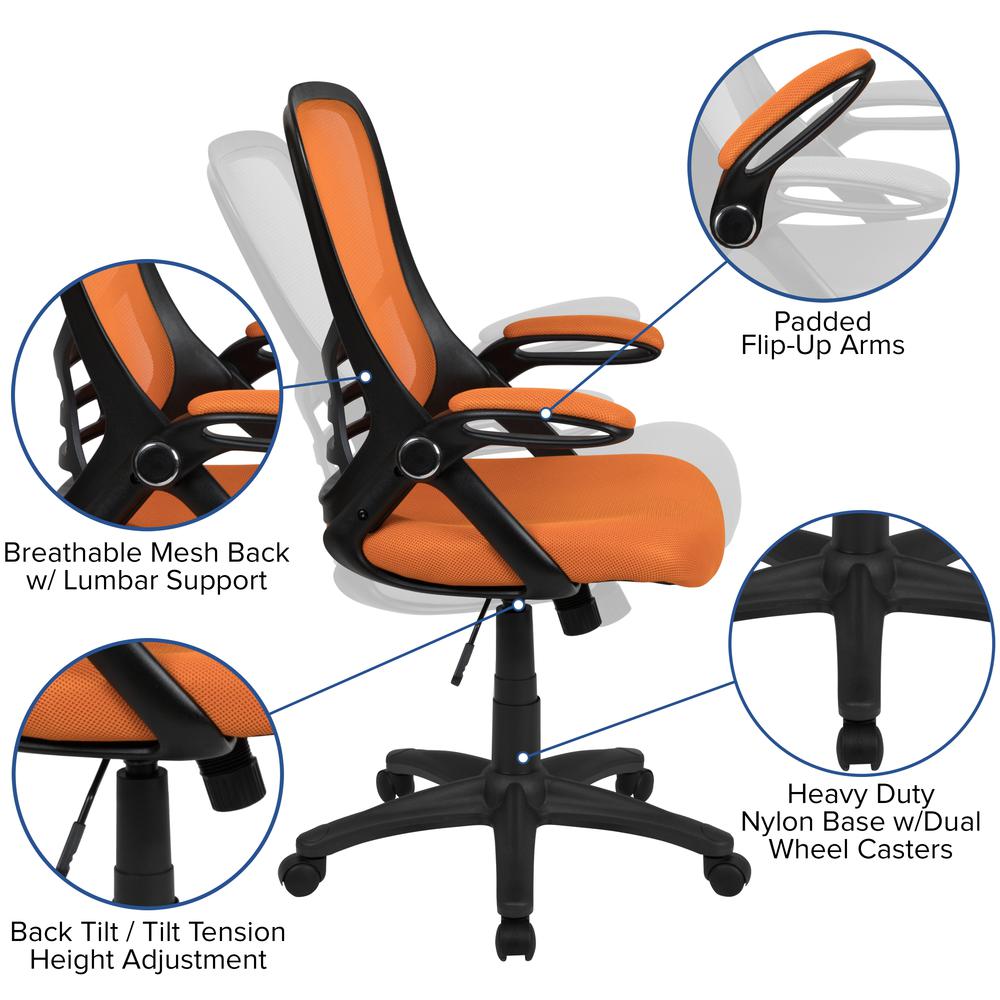 High Back Orange Mesh Swivel Office Chair with Black Frame and Flip-up Arms