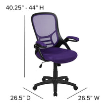 Load image into Gallery viewer, High Back Purple Mesh Swivel Office Chair with Black Frame and Flip-up Arms
