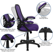 Load image into Gallery viewer, High Back Purple Mesh Swivel Office Chair with Black Frame and Flip-up Arms

