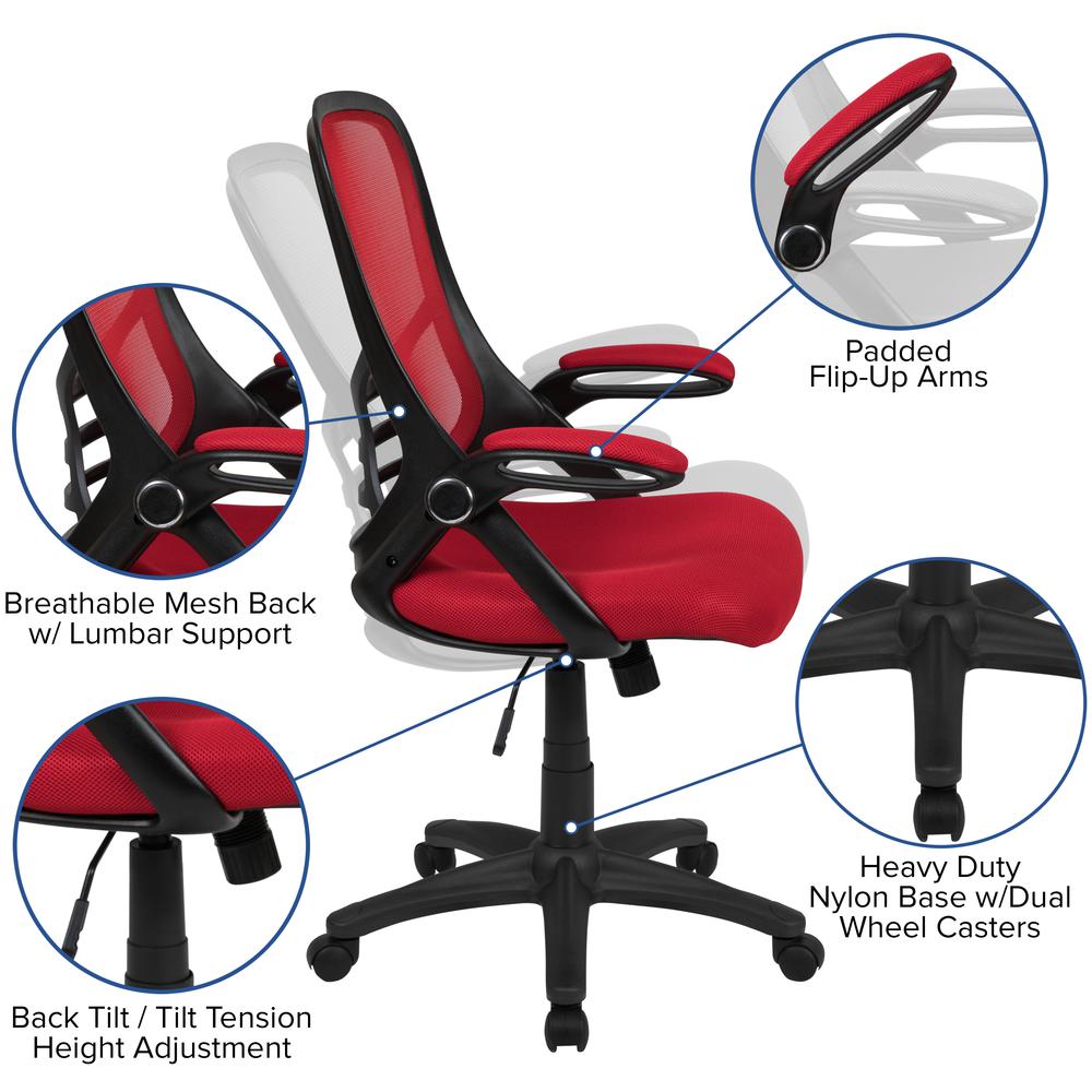 High Back Red Mesh Swivel Office Chair with Black Frame and Flip-up Arms