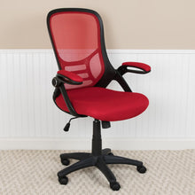 Load image into Gallery viewer, High Back Red Mesh Swivel Office Chair with Black Frame and Flip-up Arms
