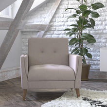 Load image into Gallery viewer, Mid-Century Armchair with Tufted Faux Linen Upholstery, Solid Wood Legs in Taupe
