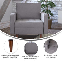 Load image into Gallery viewer, Armchair with Tufted Faux Linen Upholstery, Solid Wood Legs in Slate Gray
