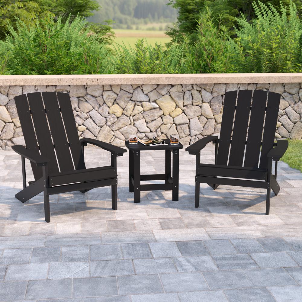 2 Pack All-Weather Poly Resin Wood Adirondack Chairs with Side Table in Black
