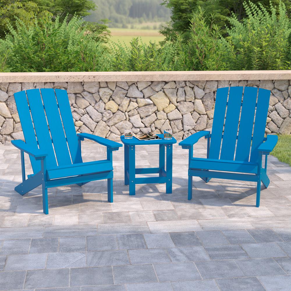 2 Pack All-Weather Poly Resin Wood Adirondack Chairs with Side Table in Blue