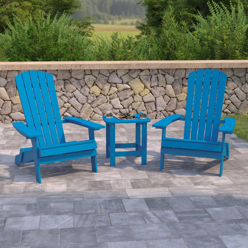 2 Pack All-Weather Poly Resin Folding Adirondack Chairs with Side Table in Blue
