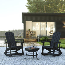 Load image into Gallery viewer, Set of 2 Black Adirondack Rocking Chairs with 22" Round Wood Burning Fire Pit
