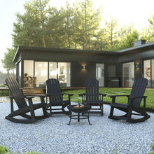 Load image into Gallery viewer, Set of 4 Black Adirondack Rocking Chairs with 22" Round Wood Burning Fire Pit
