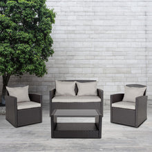 Load image into Gallery viewer, 4 Piece Black Patio Set with Gray Back Pillows and Seat Cushions
