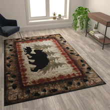 Load image into Gallery viewer, 6' x 9' Rustic Lodge Wandering Black Bear and Cub Area Rug with Jute Backing
