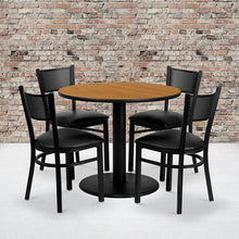 Load image into Gallery viewer, 36'' Round Natural Table Set with 4 Grid Back Metal Chairs - Black Vinyl Seat
