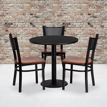 Load image into Gallery viewer, 30'' Round Black Table Set with 3 Grid Back Metal Chairs - Cherry Wood Seat
