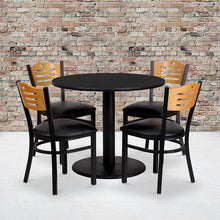 Load image into Gallery viewer, 36'' Round Black Table Set with 4 Wood Slat Back Metal Chairs - Black Vinyl Seat
