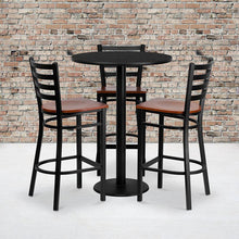 Load image into Gallery viewer, 30'' Round Black Table Set with 3 Ladder Back Metal Barstools - Cherry Wood Seat
