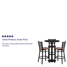Load image into Gallery viewer, 30'' Round Black Table Set with 3 Ladder Back Metal Barstools - Cherry Wood Seat
