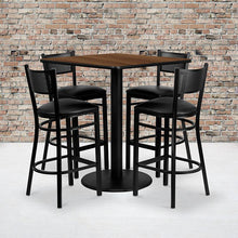 Load image into Gallery viewer, 36'' Square Walnut Table Set with 4 Grid Back Metal Barstools - Black Vinyl Seat
